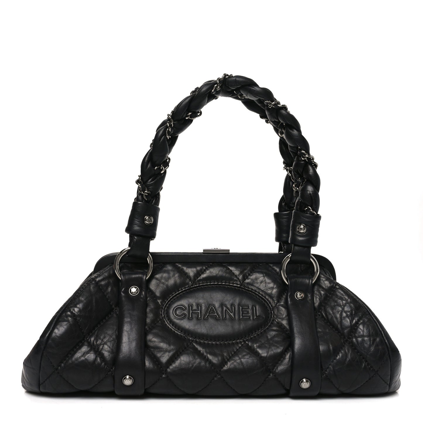 Distressed Lambskin Lady Braid Frame Bowler Black