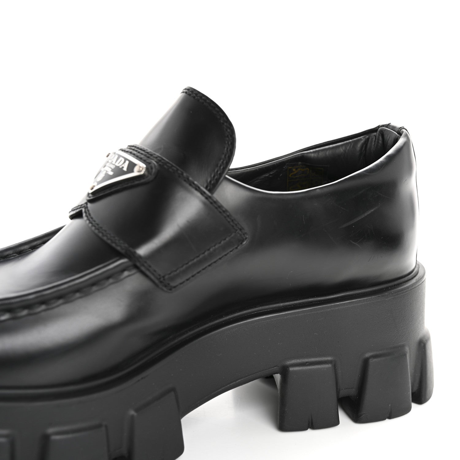 Prada Spazzolato Rois Metal Triangle Logo Monolith 55mm Loafers 38 Black 11 of 11