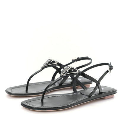Prada Vernice Metal Triangle Logo Slingback Flat Thong Sandals 38.5 Black 3 of 7