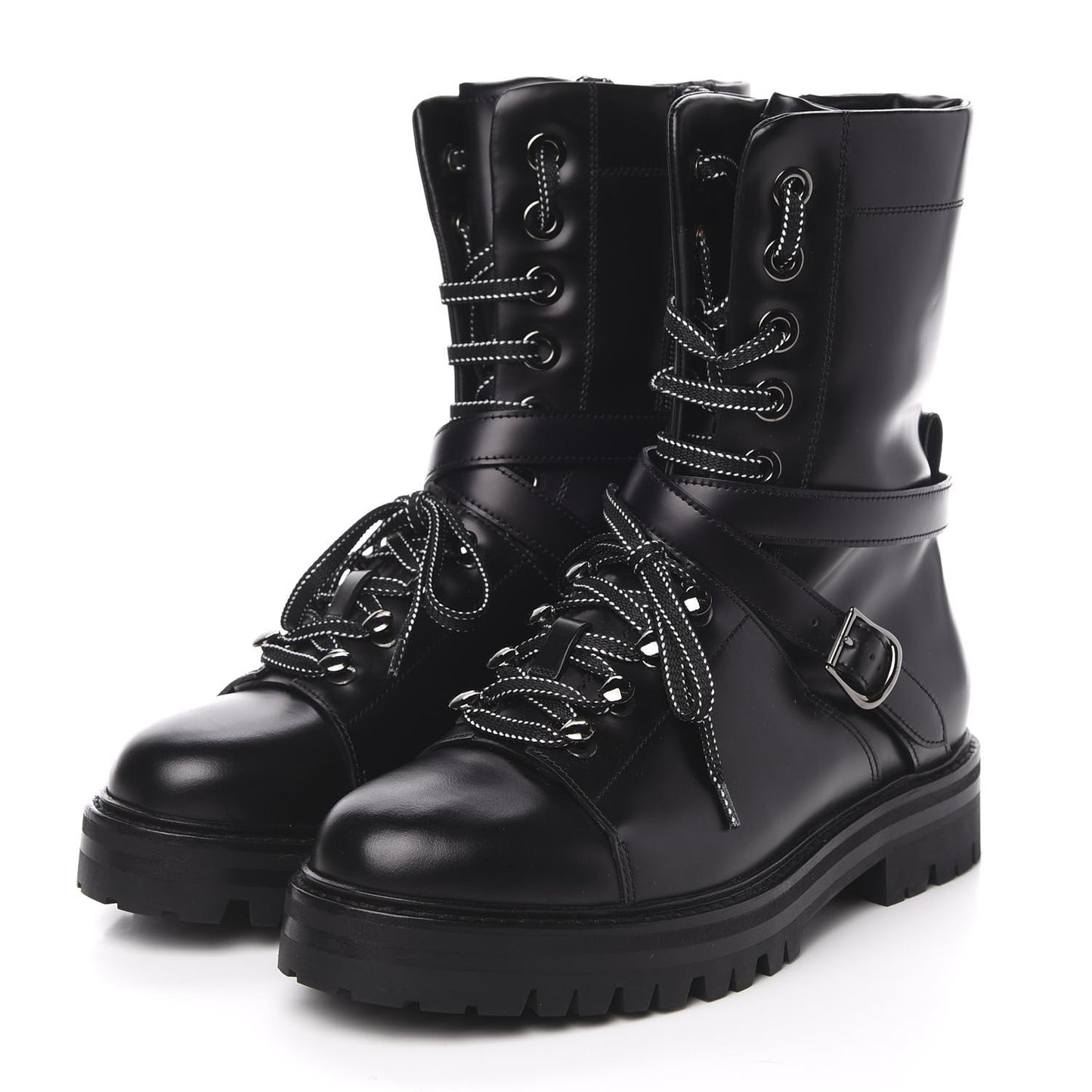 Smooth Calfskin Rockstud Buckled 25mm Combat Boots 38 Black