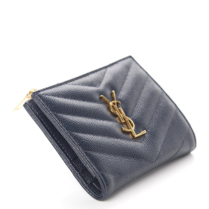 Saint Laurent Grain De Poudre Matelasse Chevron Monogram Zipped Card Case Navy 3 of 5