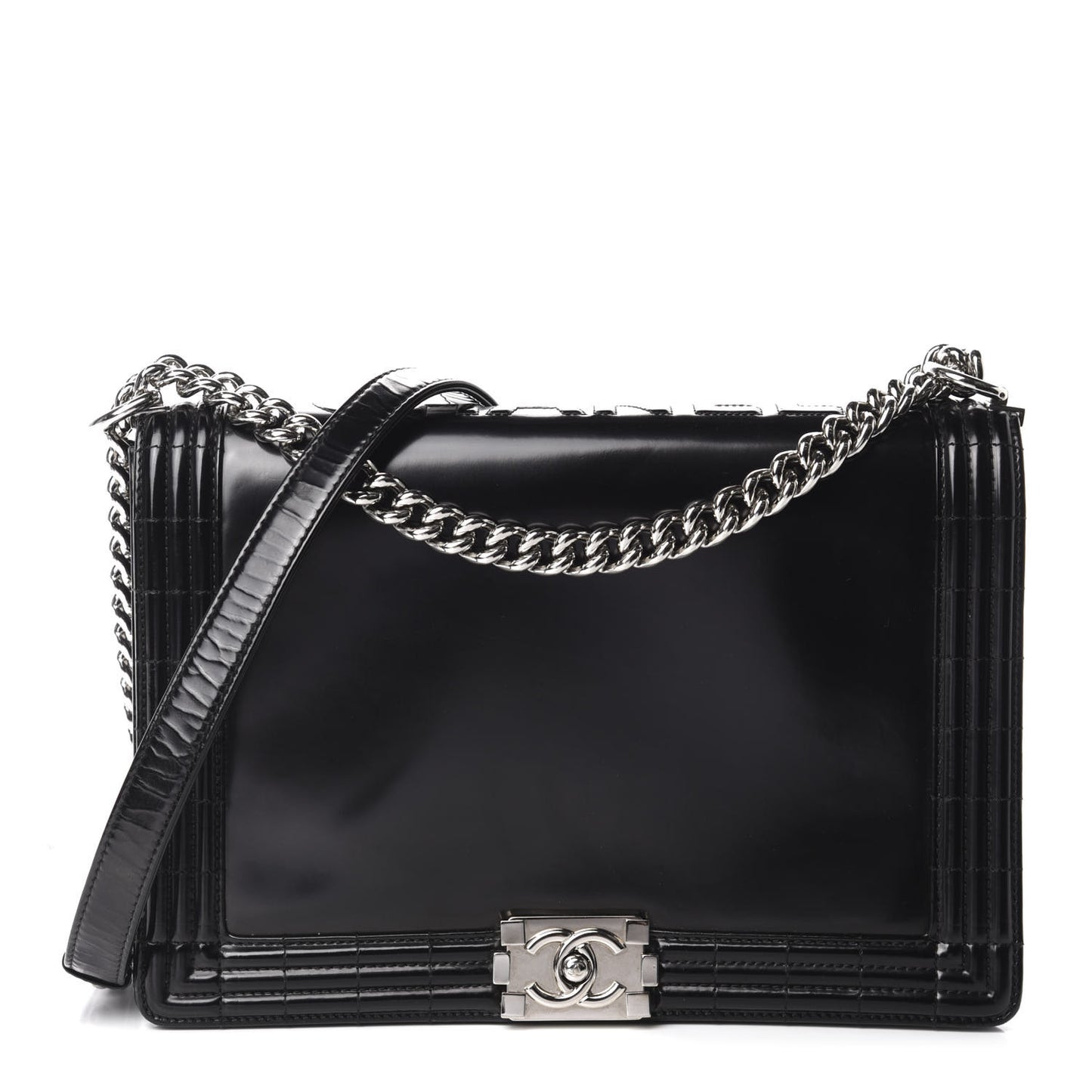 Glazed Calfskin Large Boy Flap Black