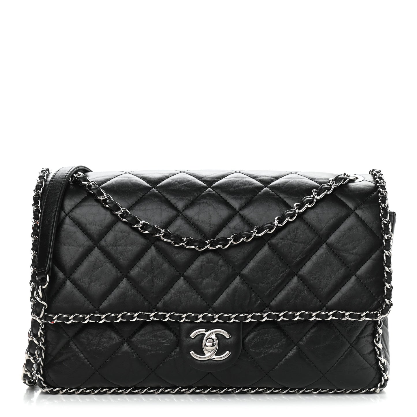 Crumpled Calfskin Quilted Large Chain All Over Flap Bag Black