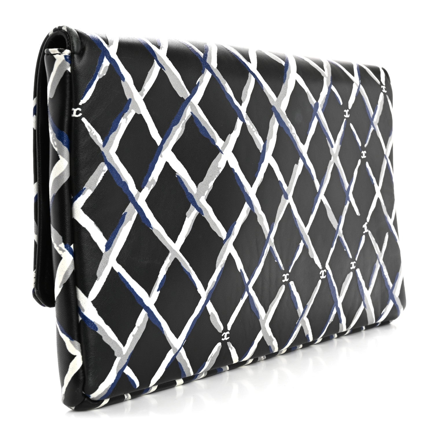 Chanel Lambskin Printed Quilt Flap Clutch Black White 3 of 15