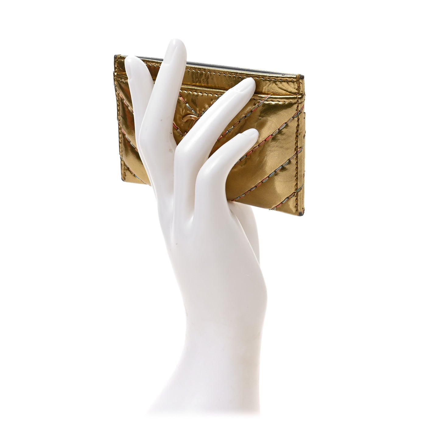 Metallic Calfskin Chevron Quilted Card Holder Gold