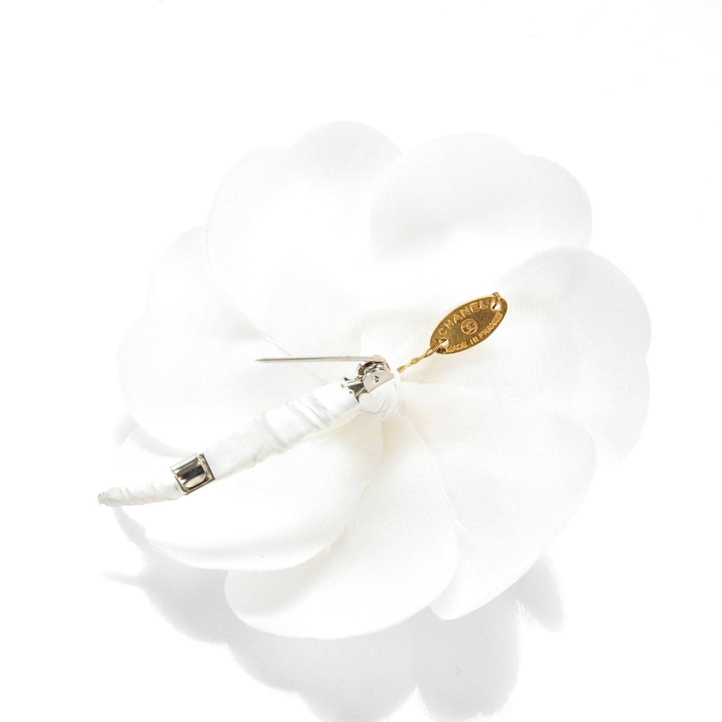 Crepe Satin Camellia Brooch Pin White