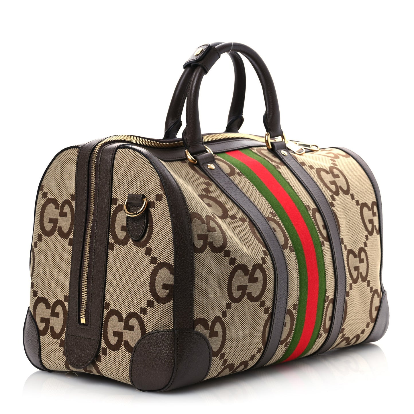 Monogram Jumbo GG Textured Dollar Calfskin Web Medium Duffle Bag Camel Ebony