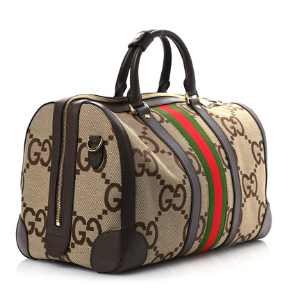 Gucci Monogram Jumbo GG Textured Dollar Calfskin Web Medium Duffle Bag Camel Ebony 2 of 13