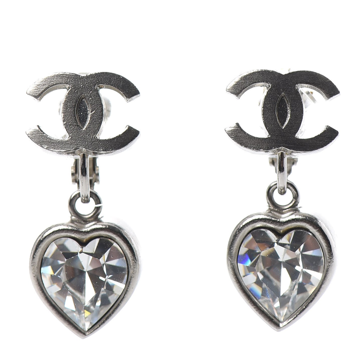 Crystal Heart CC Drop Clip On Earrings Silver