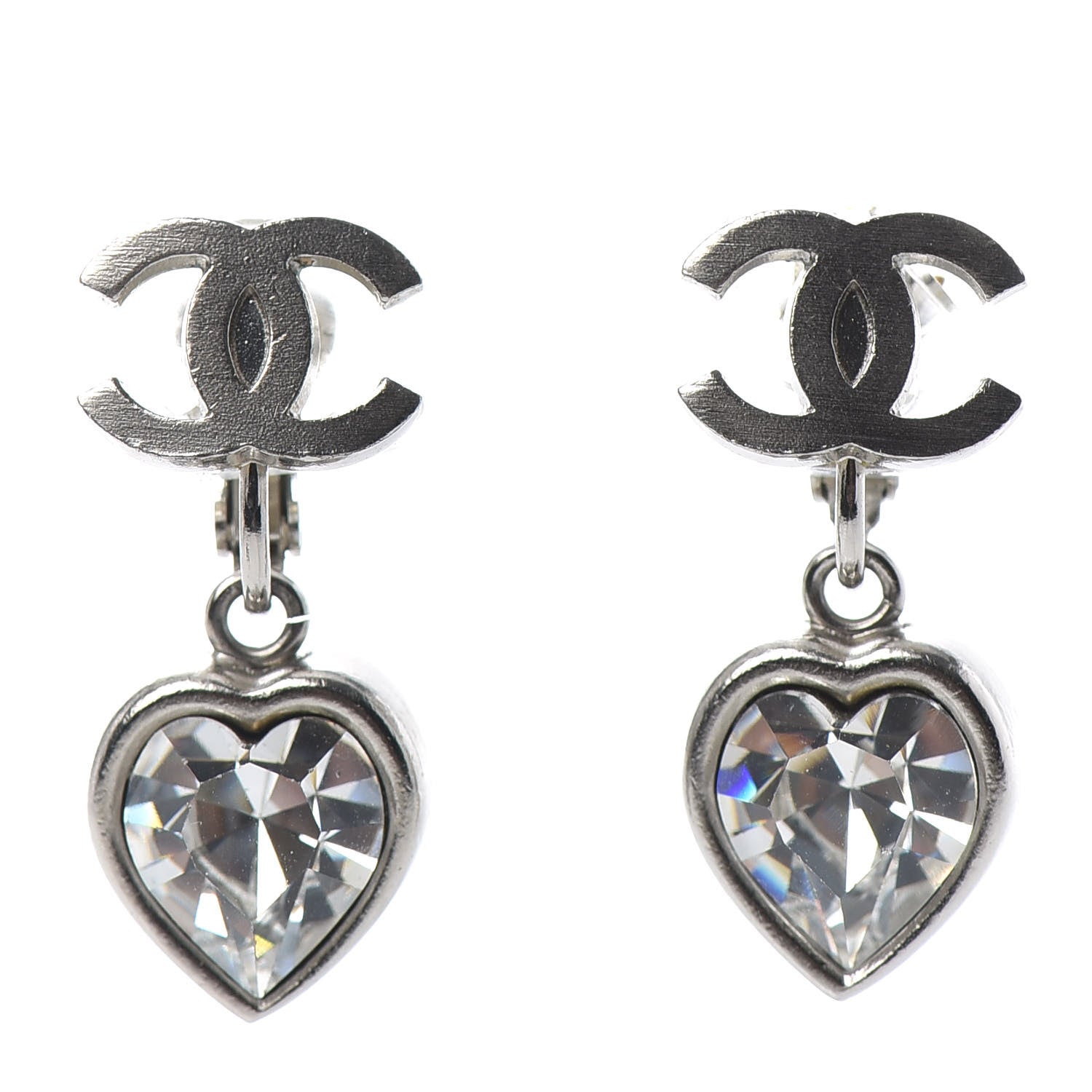 Chanel Crystal Heart CC Drop Clip On Earrings Silver 1 of 4