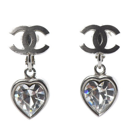 Chanel Crystal Heart CC Drop Clip On Earrings Silver 1 of 4