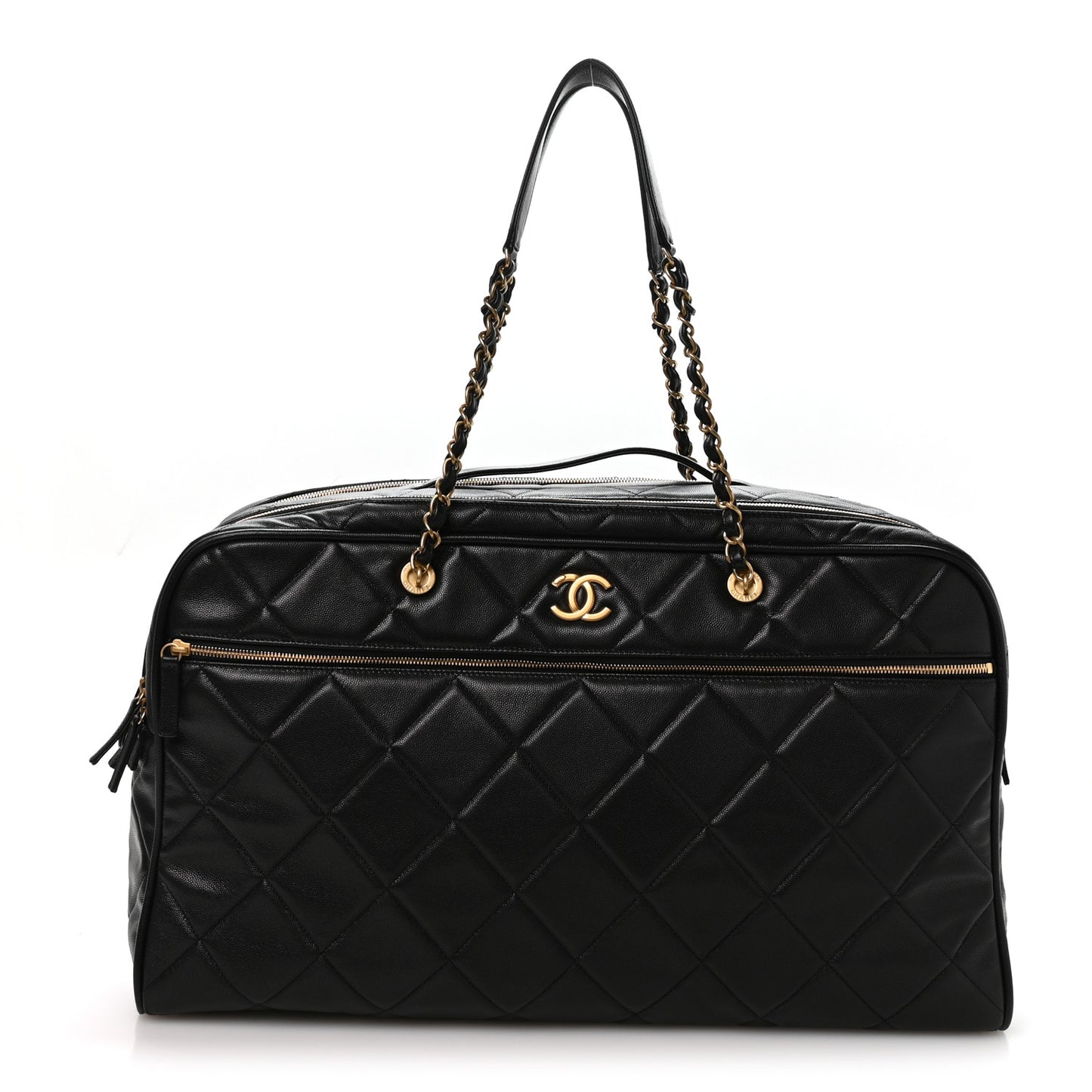 Shiny Grained Calfskin Quilted Large Travel Bowling Bag Black