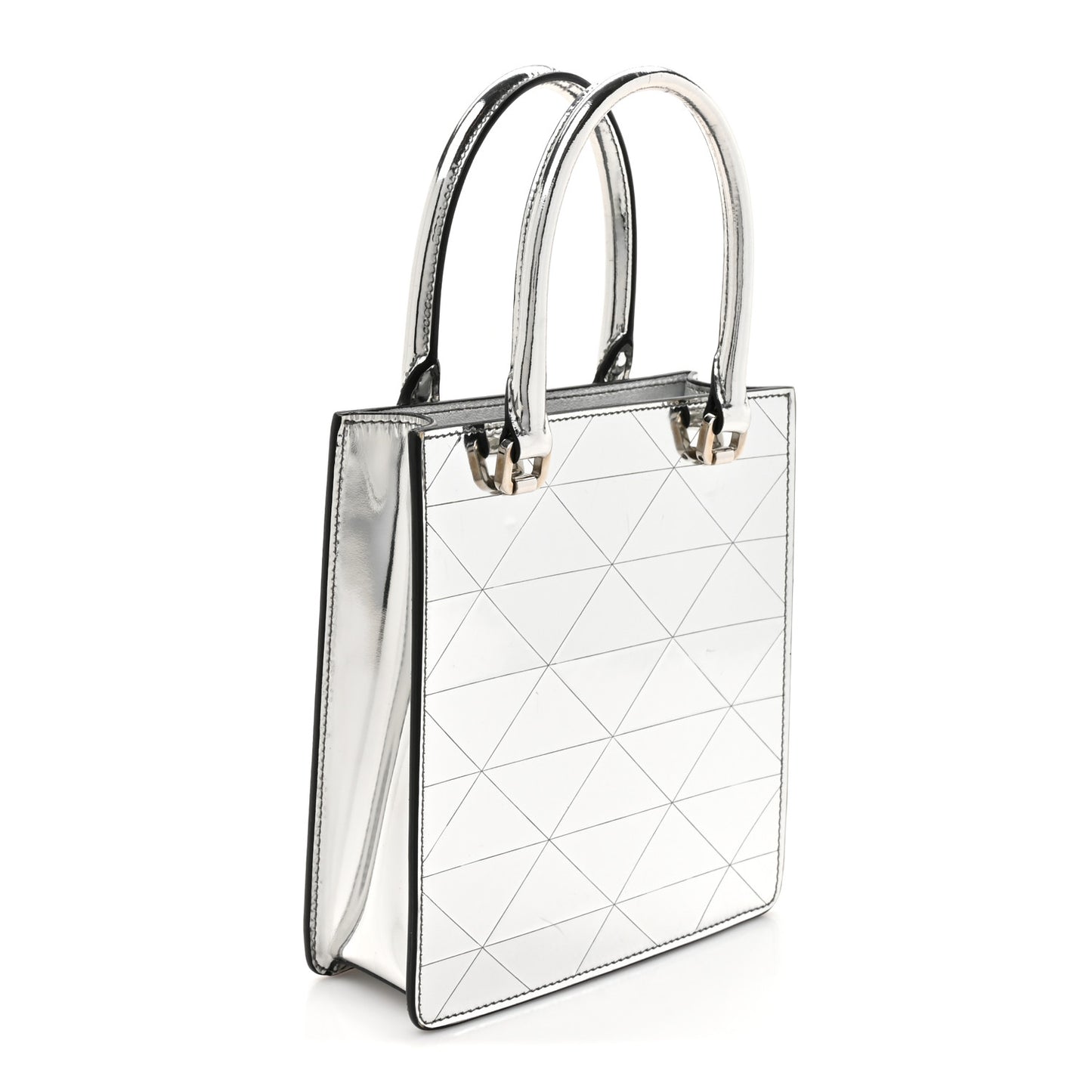 Spazzolato Metal Triangle Logo Triangle Patterned Small Double Handle Crossbody Tote Argento