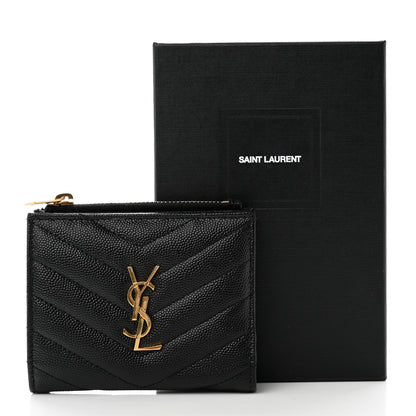 Saint Laurent Grain De Poudre Matelasse Chevron Monogram Zipped Card Case Black 9 of 9
