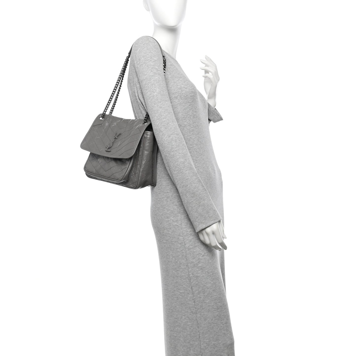 Crinkled Calfskin Matelasse Monogram Medium Niki Chain Satchel Fog
