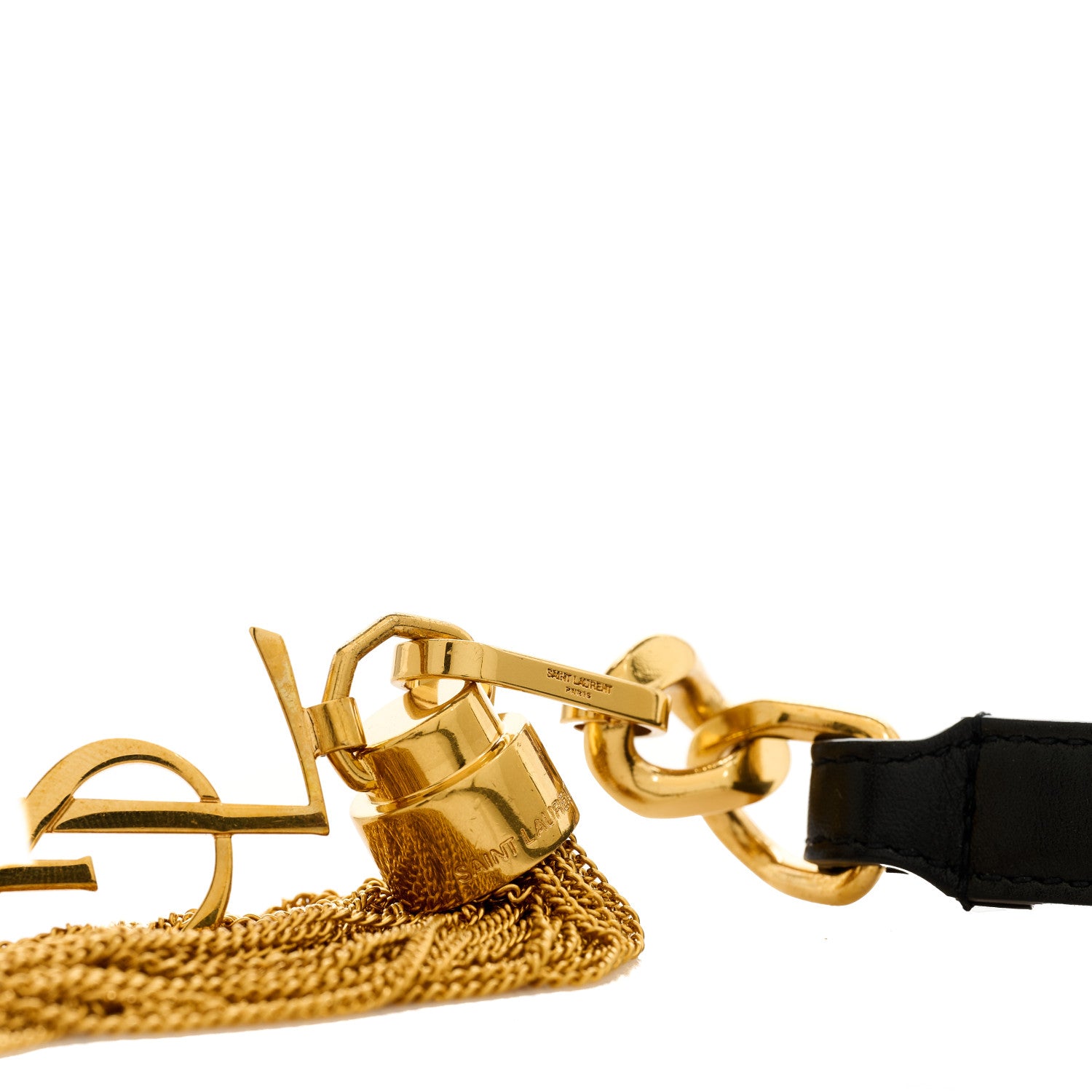 SAINT LAURENT ゴールドチェーンベルトタッセル Saint Laurent Calfskin Monogram Chain Tassel Belt M Black 1702461