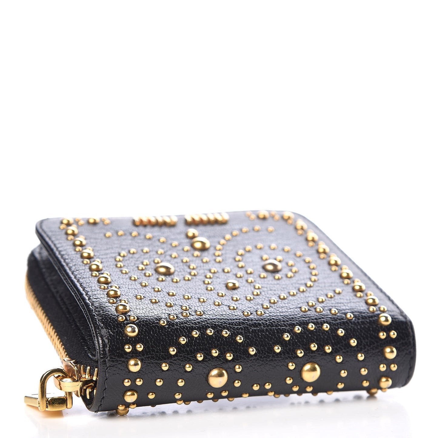 Goatskin Studded Madras Zip Compact Wallet Black