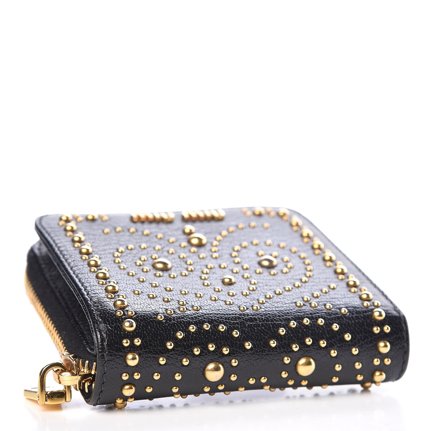 Miu Miu Goatskin Studded Madras Zip Compact Wallet Black 4 of 7