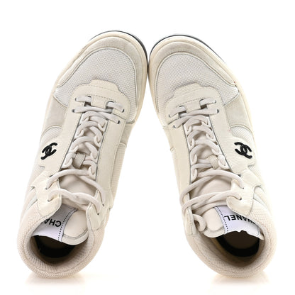 Chanel Suede Fabric Grained Calfskin Womens CC High Top Sneakers 38 White 2 of 8