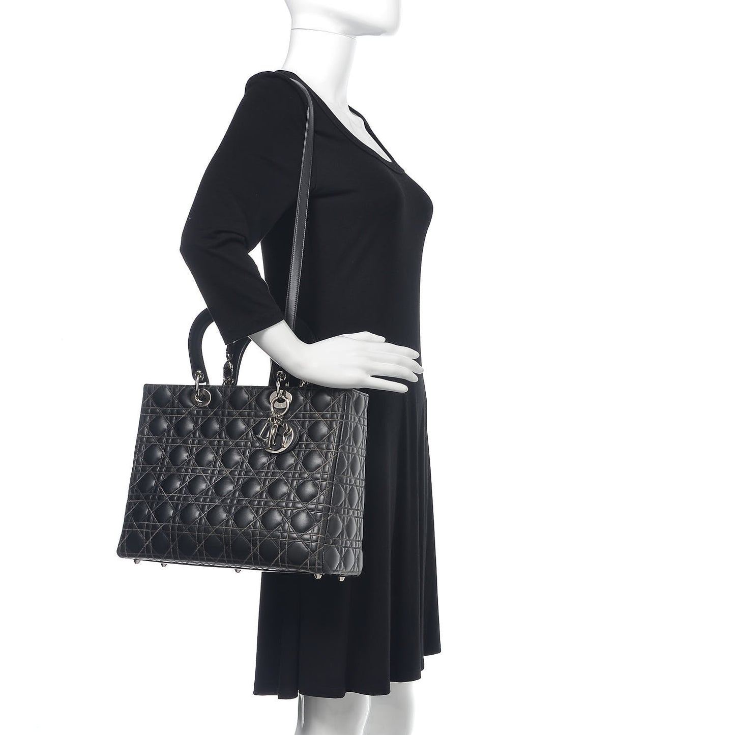 Lambskin Stitched Large Lady Dior Black