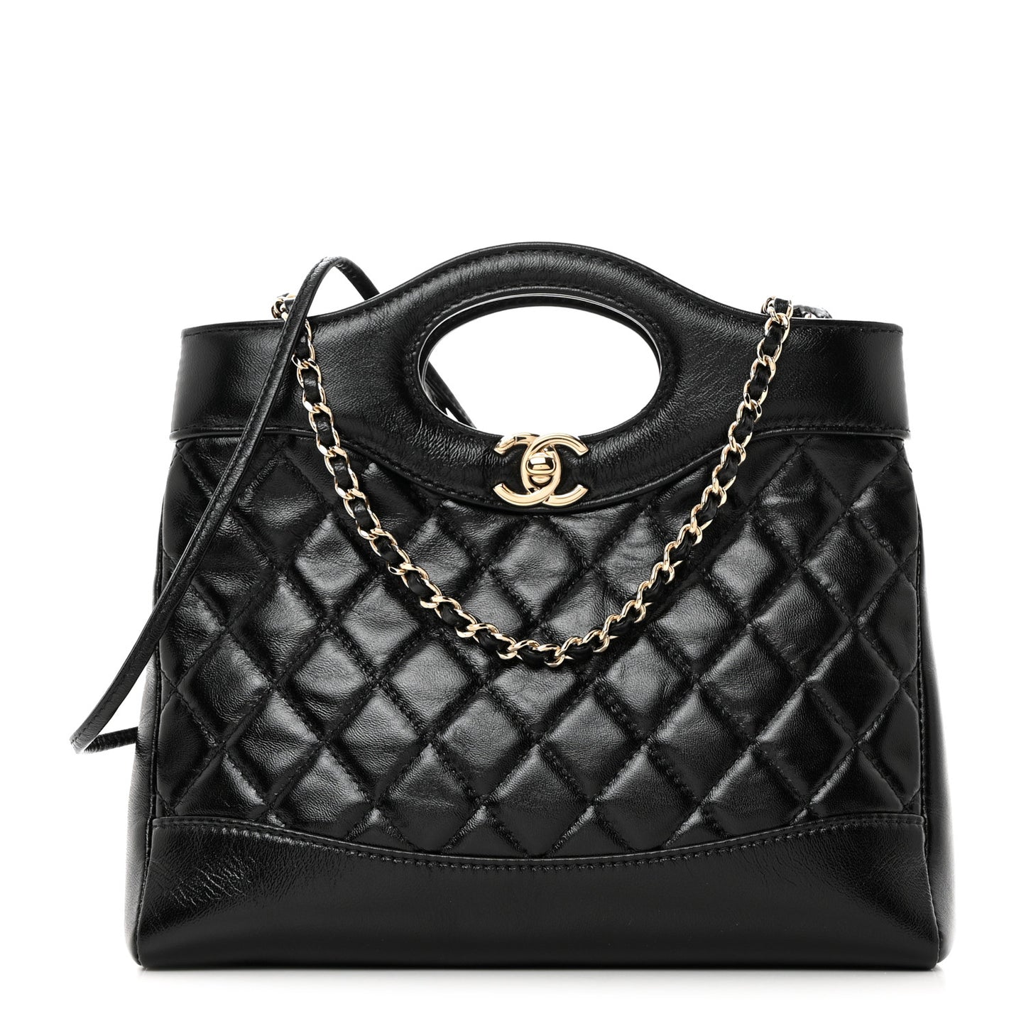 Shiny Crumpled Calfskin Quilted Mini 31 Shopping Bag Black
