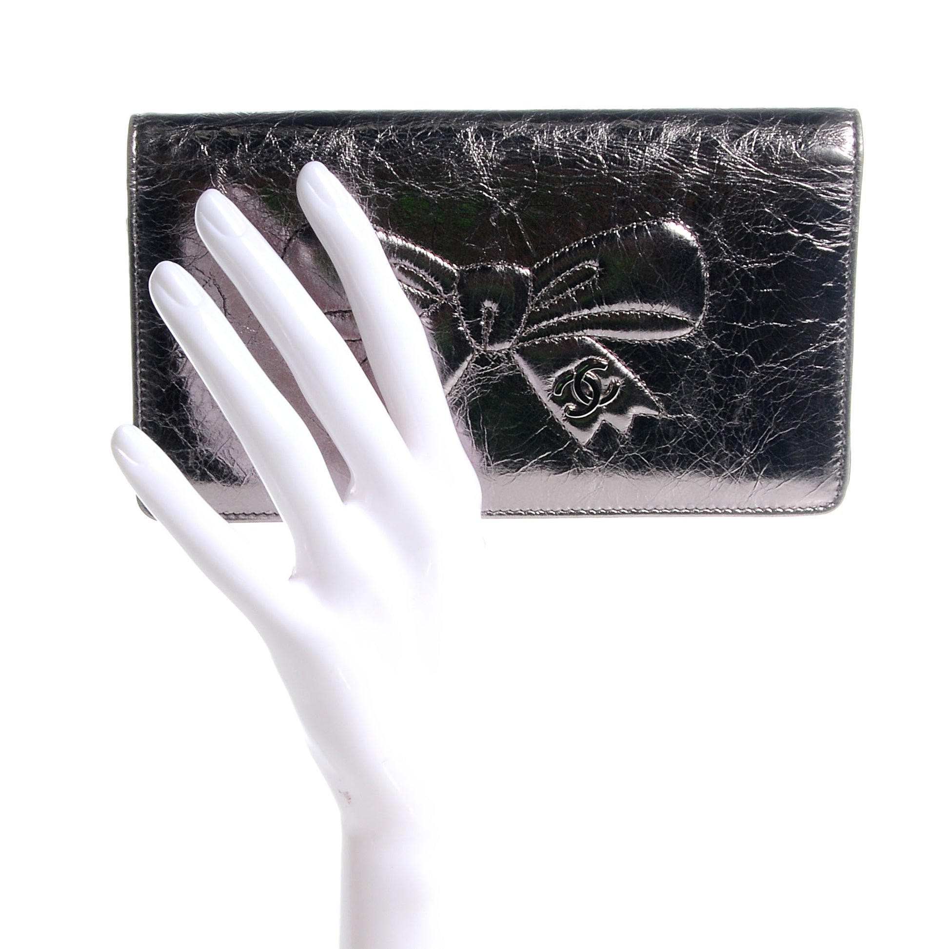 Chanel Leather CC Bow Wallet Metallic Dark Silver 2 of 8