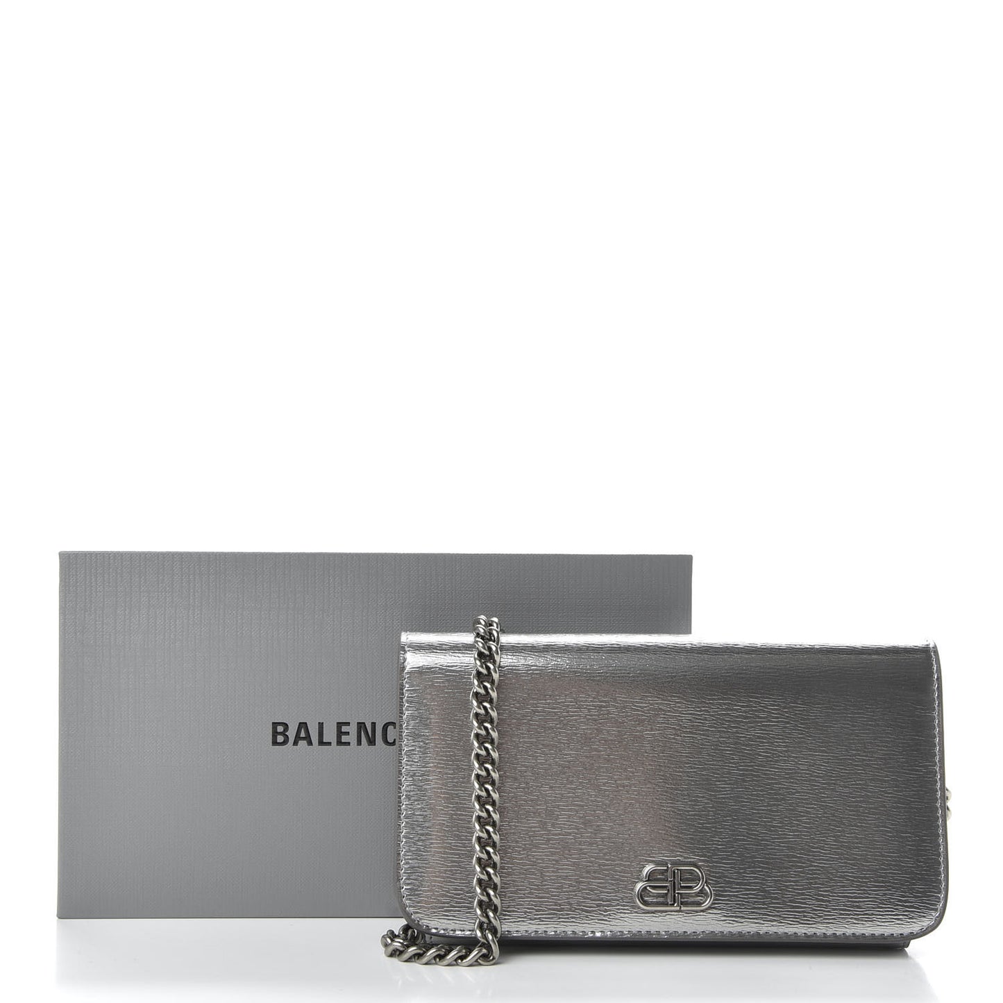 Metallic Grained Calfskin BB Phone Holder Wallet On Chain Silver