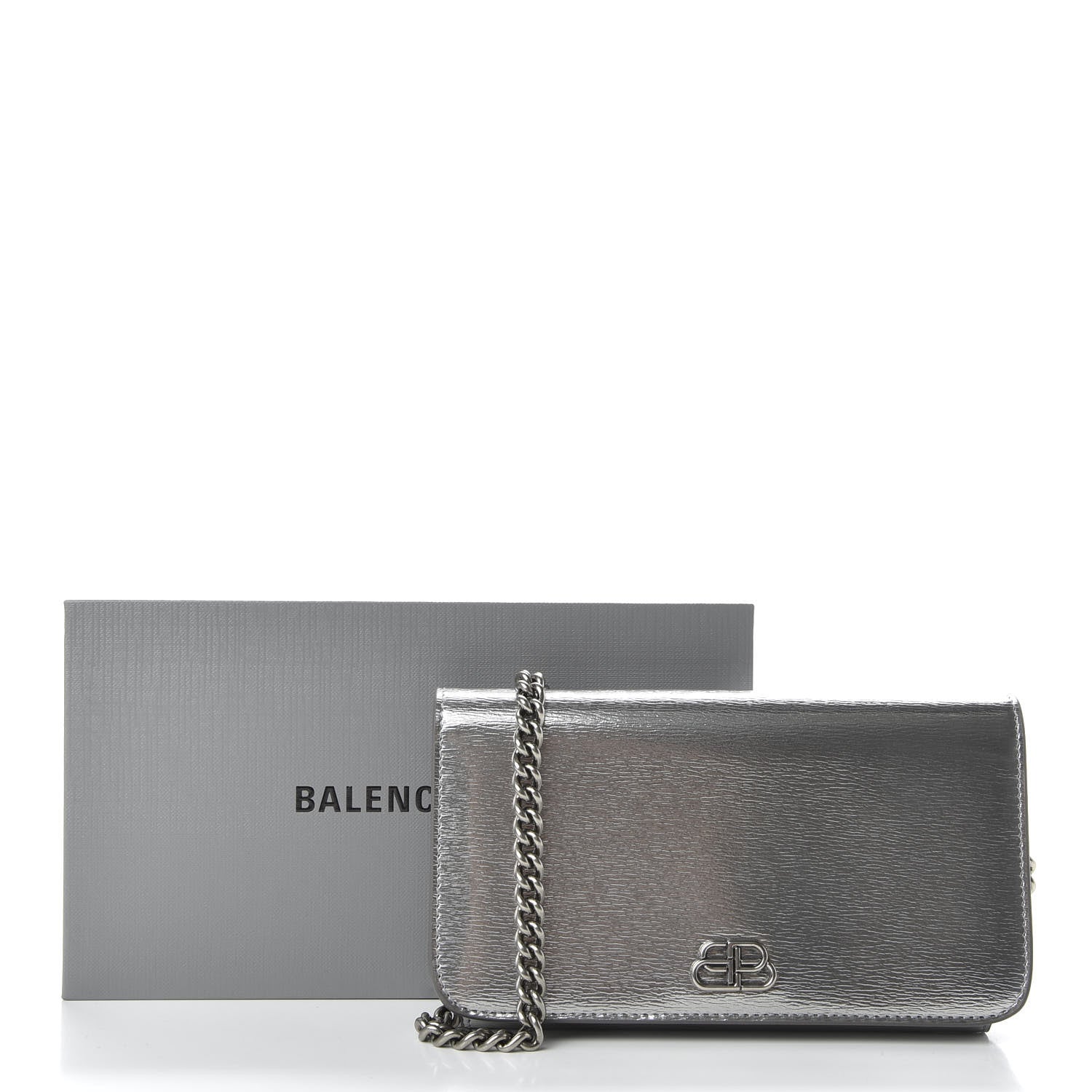 Balenciaga Metallic Grained Calfskin BB Phone Holder Wallet On Chain Silver 10 of 10