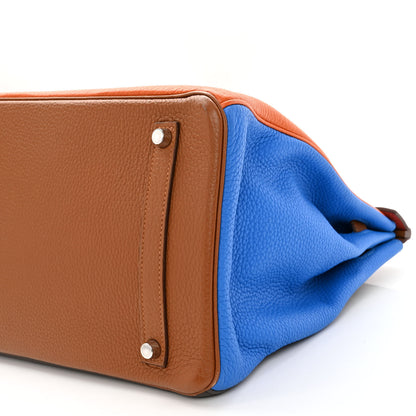 Hermes Taurillon Clemence Arlequin Birkin 35 Orange Sanguine Gold Bleu Lin Bleu Hydra Etain 10 of 14