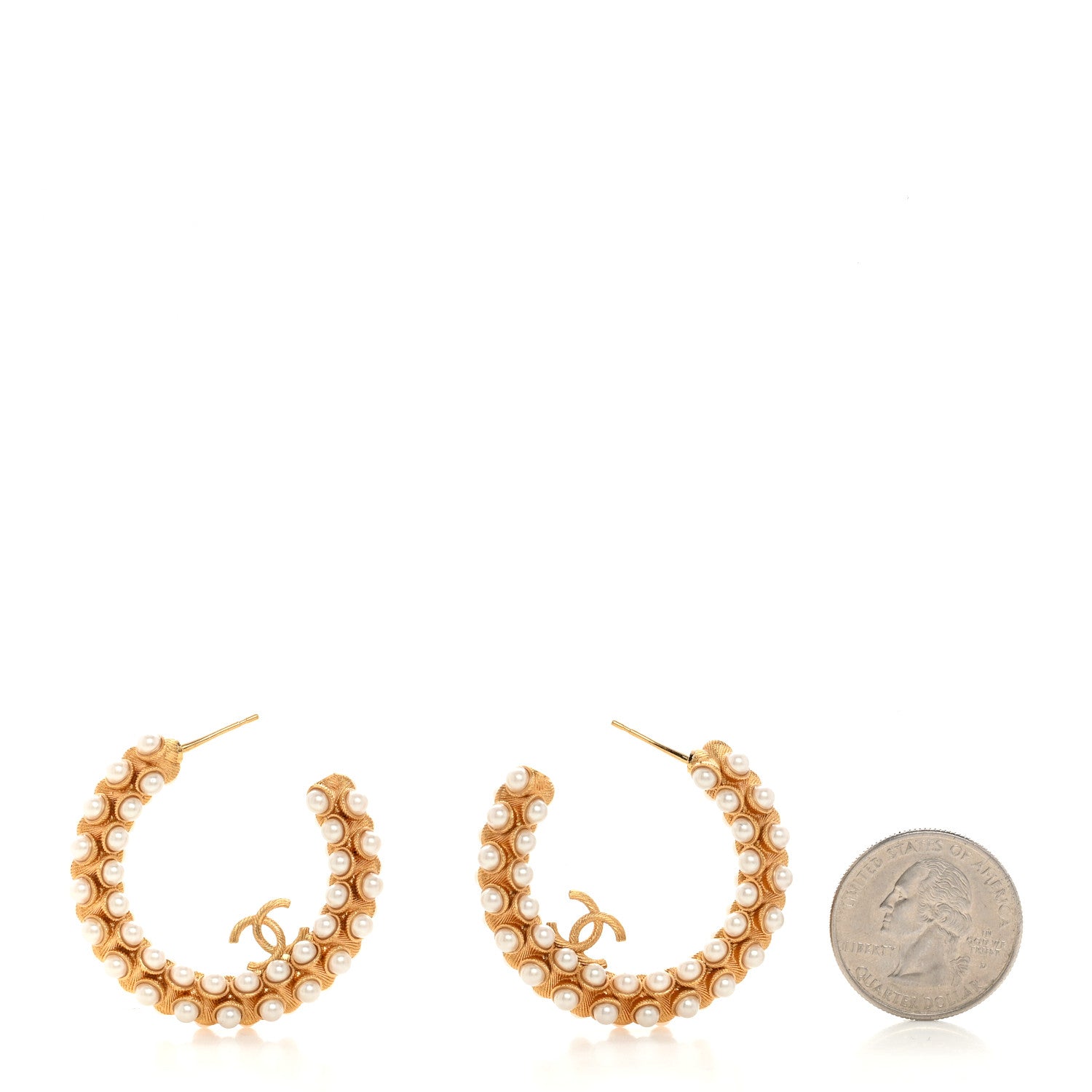 Chanel Metal Pearl CC Hoop Earrings Gold 2 of 5