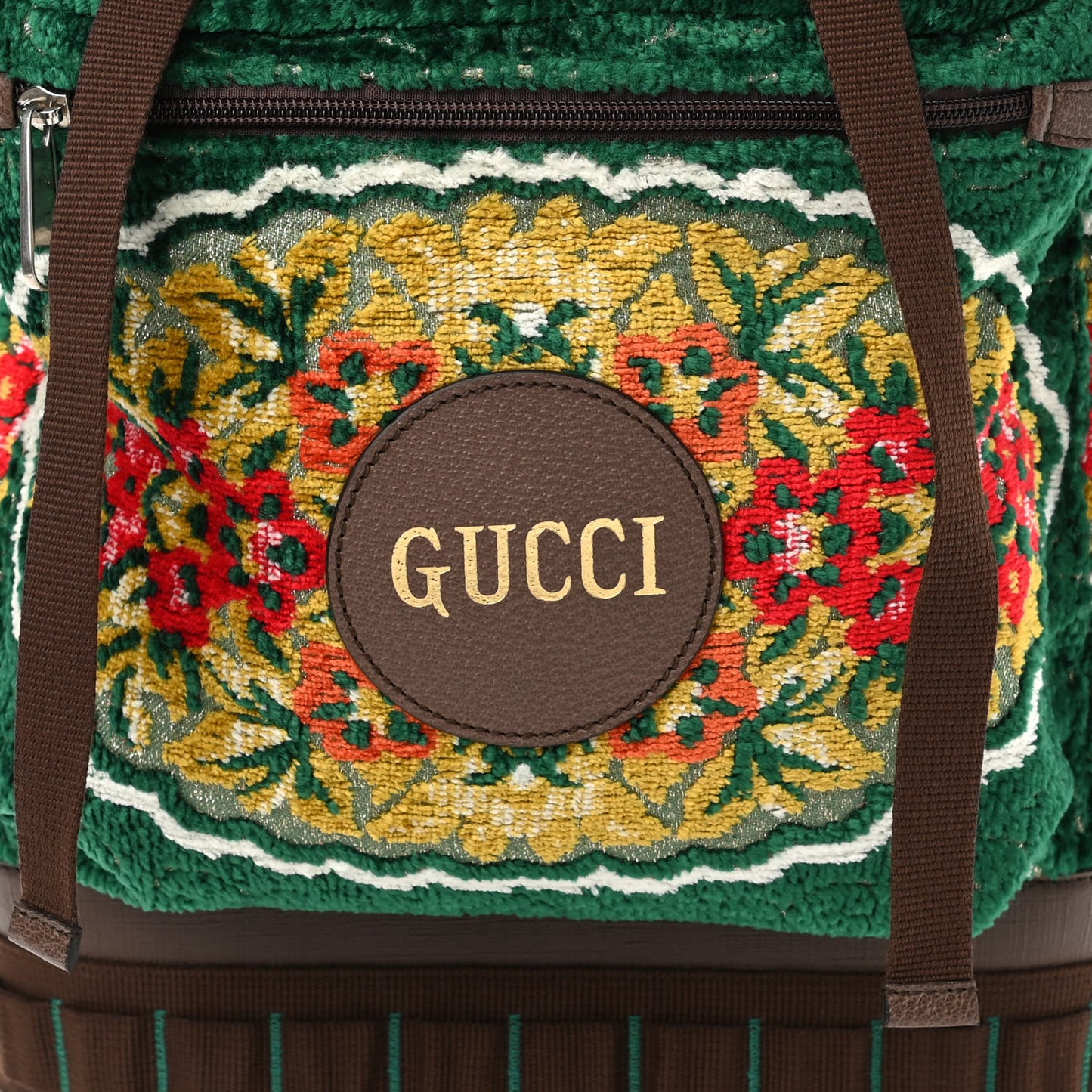 Velvet Jacquard Tapestry Script Logo Large Double Pocket Backpack Green Multicolor