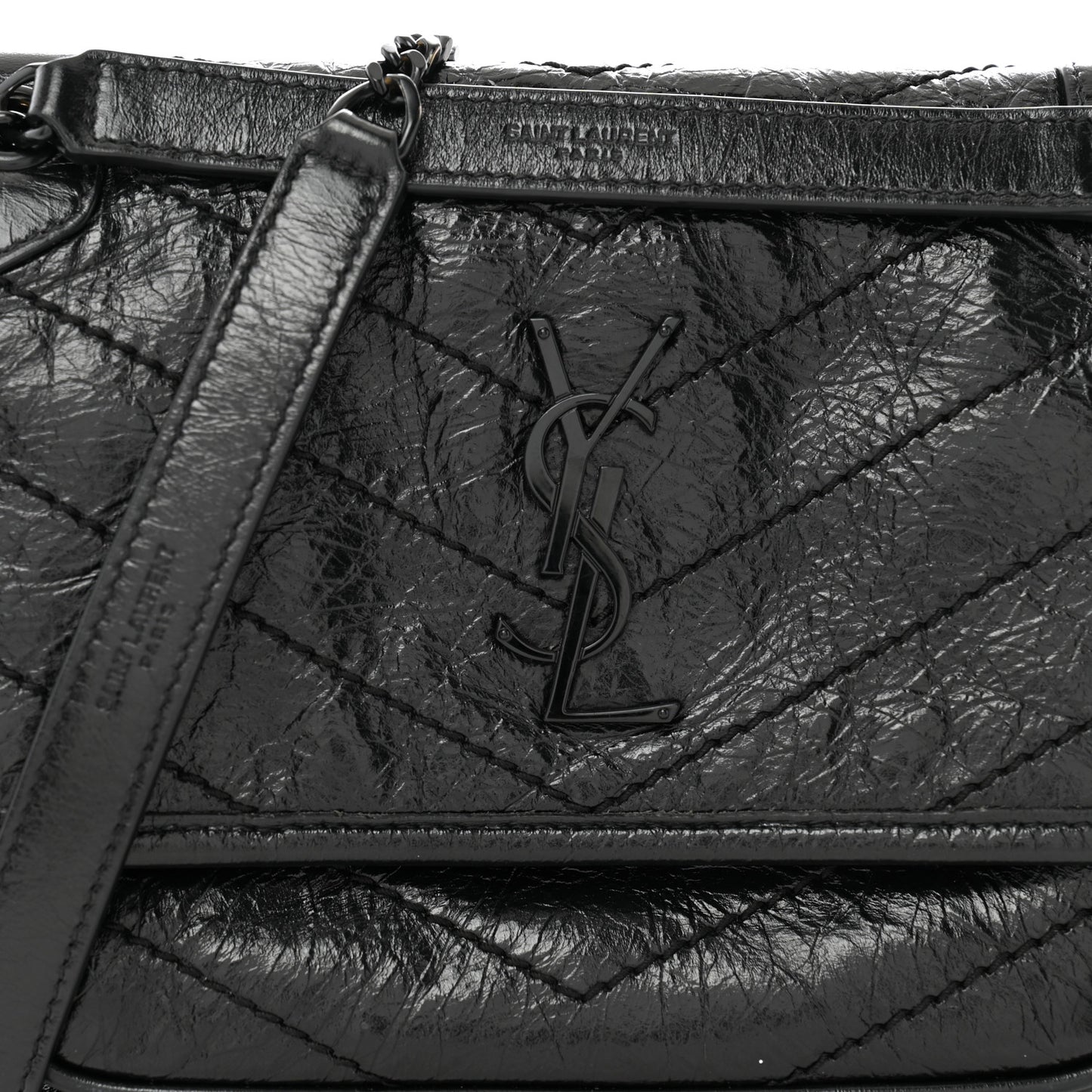 Crinkled Calfskin Matelasse Monogram Baby Niki Chain Satchel Black
