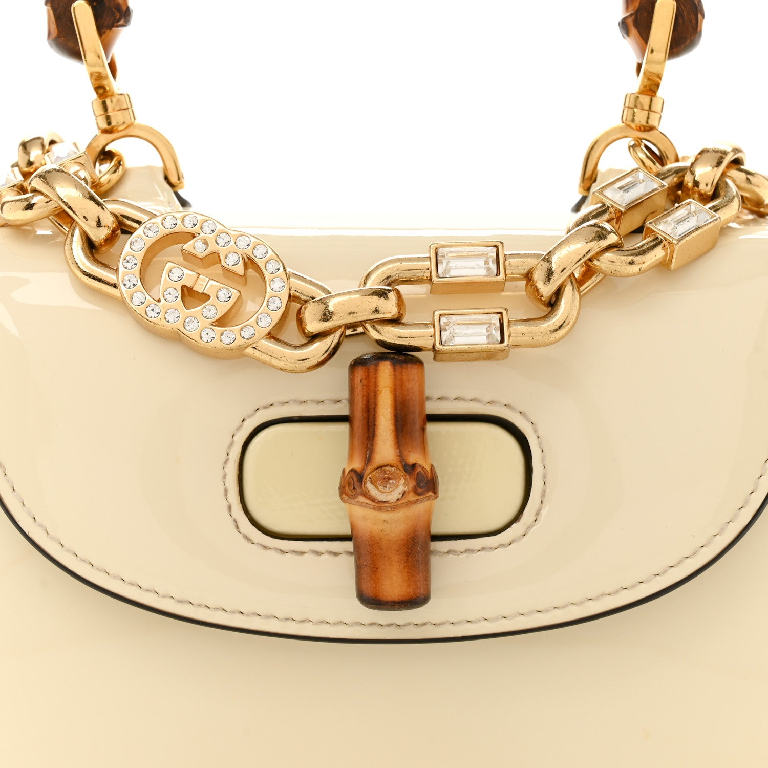 Gucci Patent Crystal Mini Bamboo 1947 Top Handle Chain Bag White 8 of 15