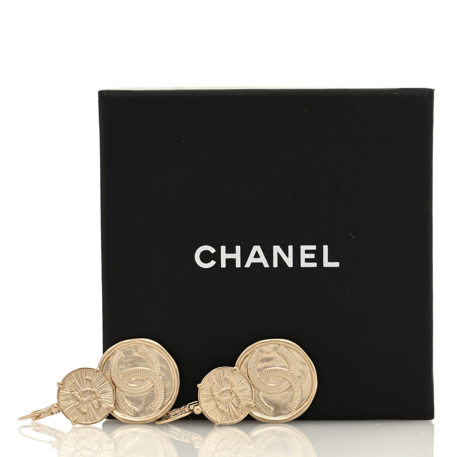 Chanel Metal Round CC Medallion Drop Earrings Gold 5 of 5
