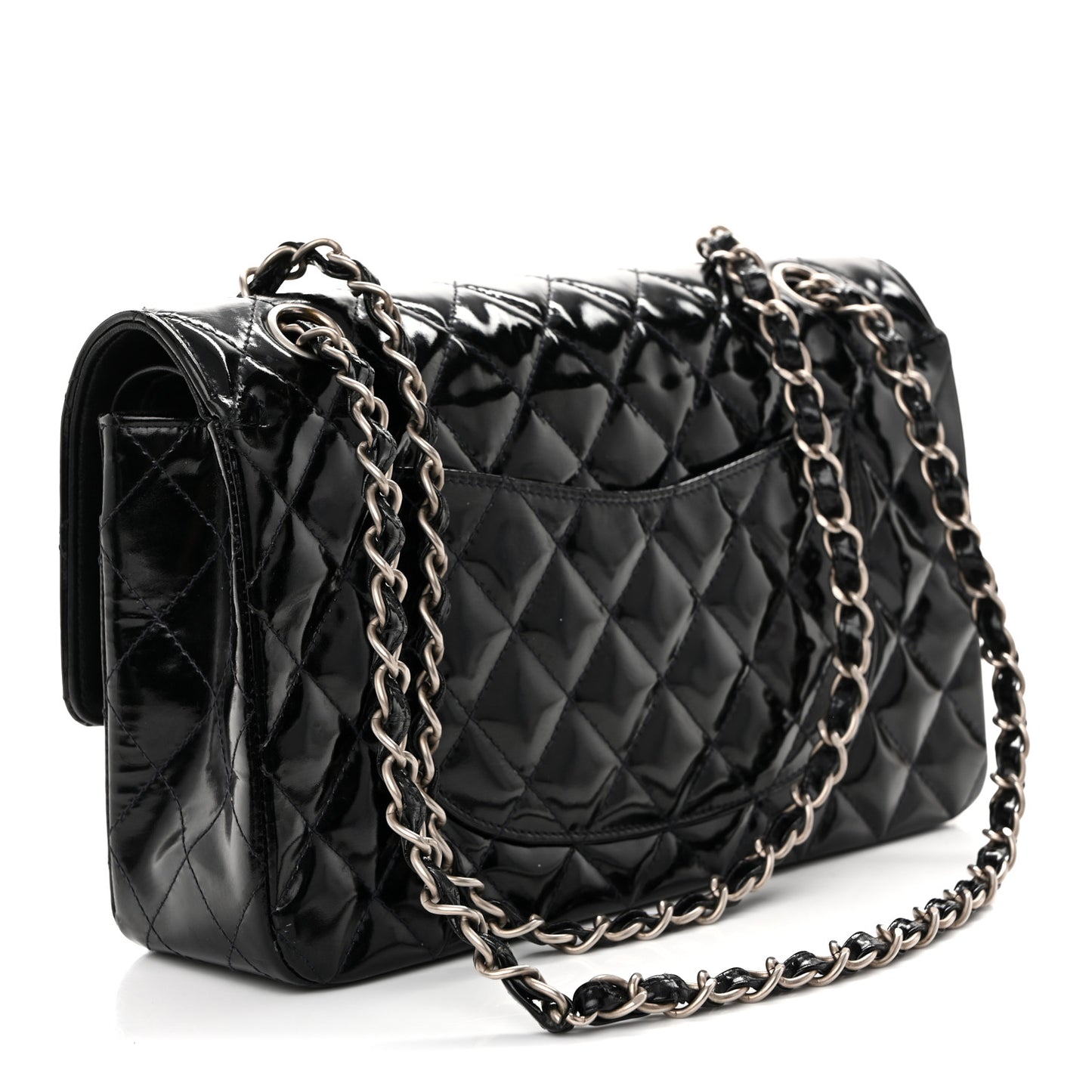 Glazed Calfskin Quilted Medium Double Flap Black