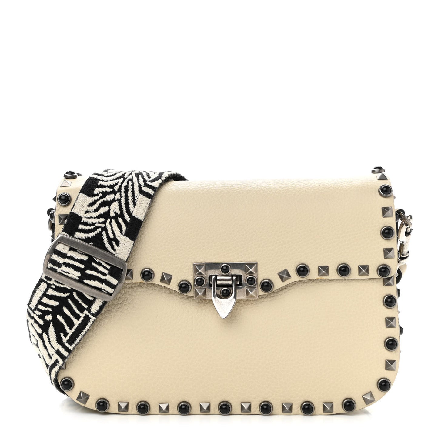Pebbled Calfskin Onyx Medium Guitar Strap Rockstud Rolling Flap Saddle Bag Ivory