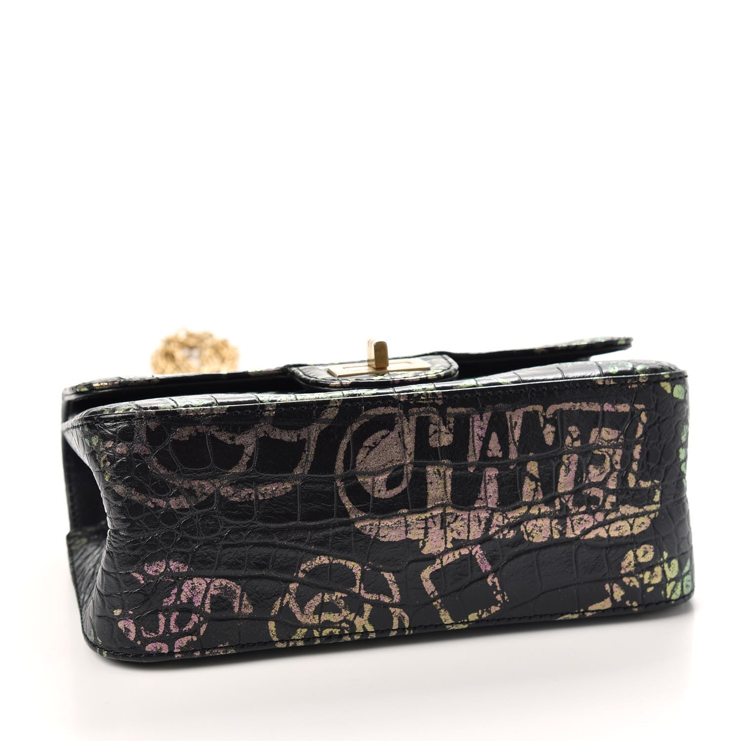 Chanel Calfskin Crocodile Embossed Graffiti 2.55 Mini Cocodile Reissue Flap Black Pink 4 of 10