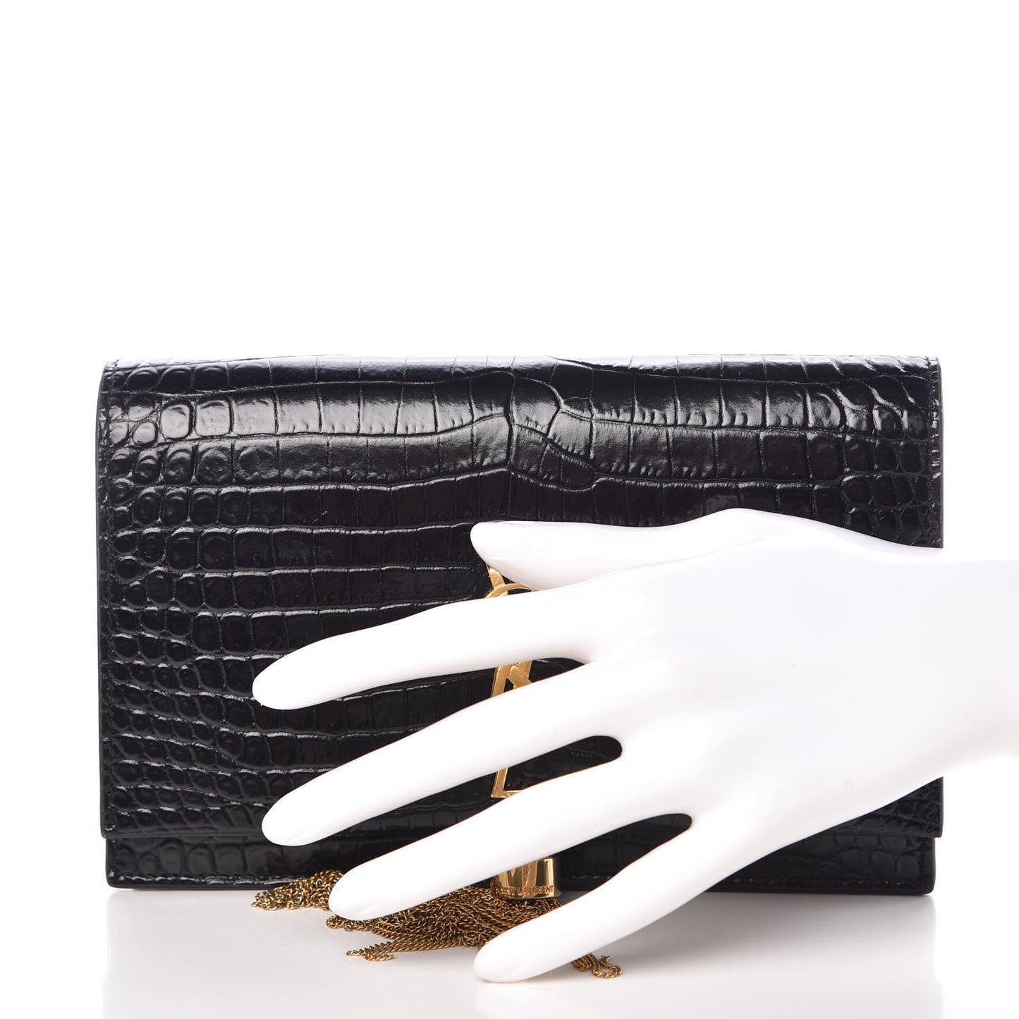 Calfskin Crocodile Embossed Kate Monogram Tassel Chain Wallet Black