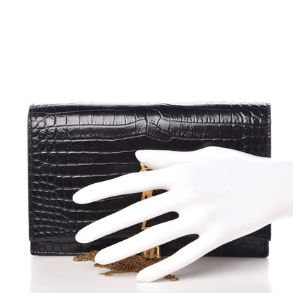 Saint Laurent Calfskin Crocodile Embossed Kate Monogram Tassel Chain Wallet Black 2 of 7