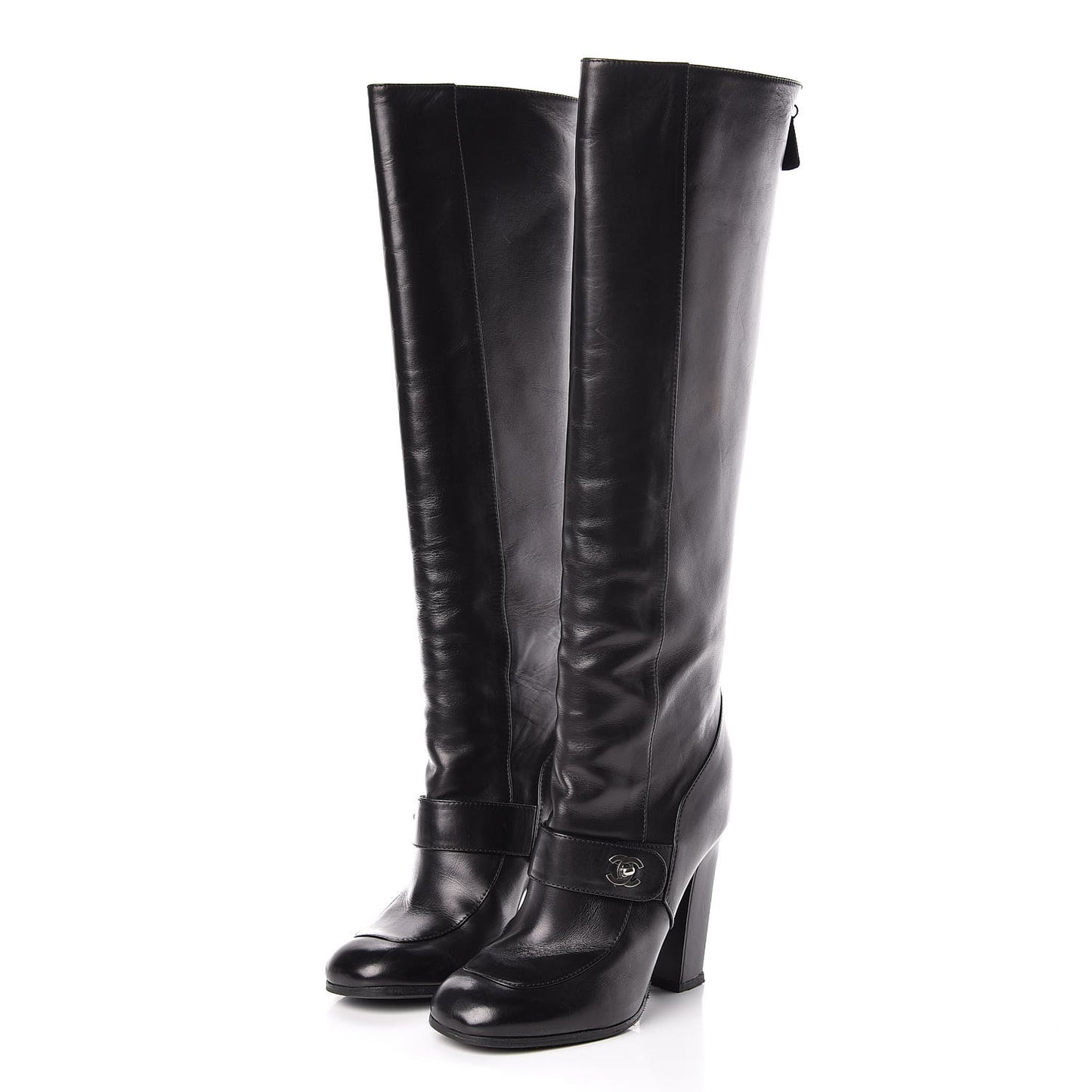 Calfskin CC Turnlock Knee High Boots 37.5 Black