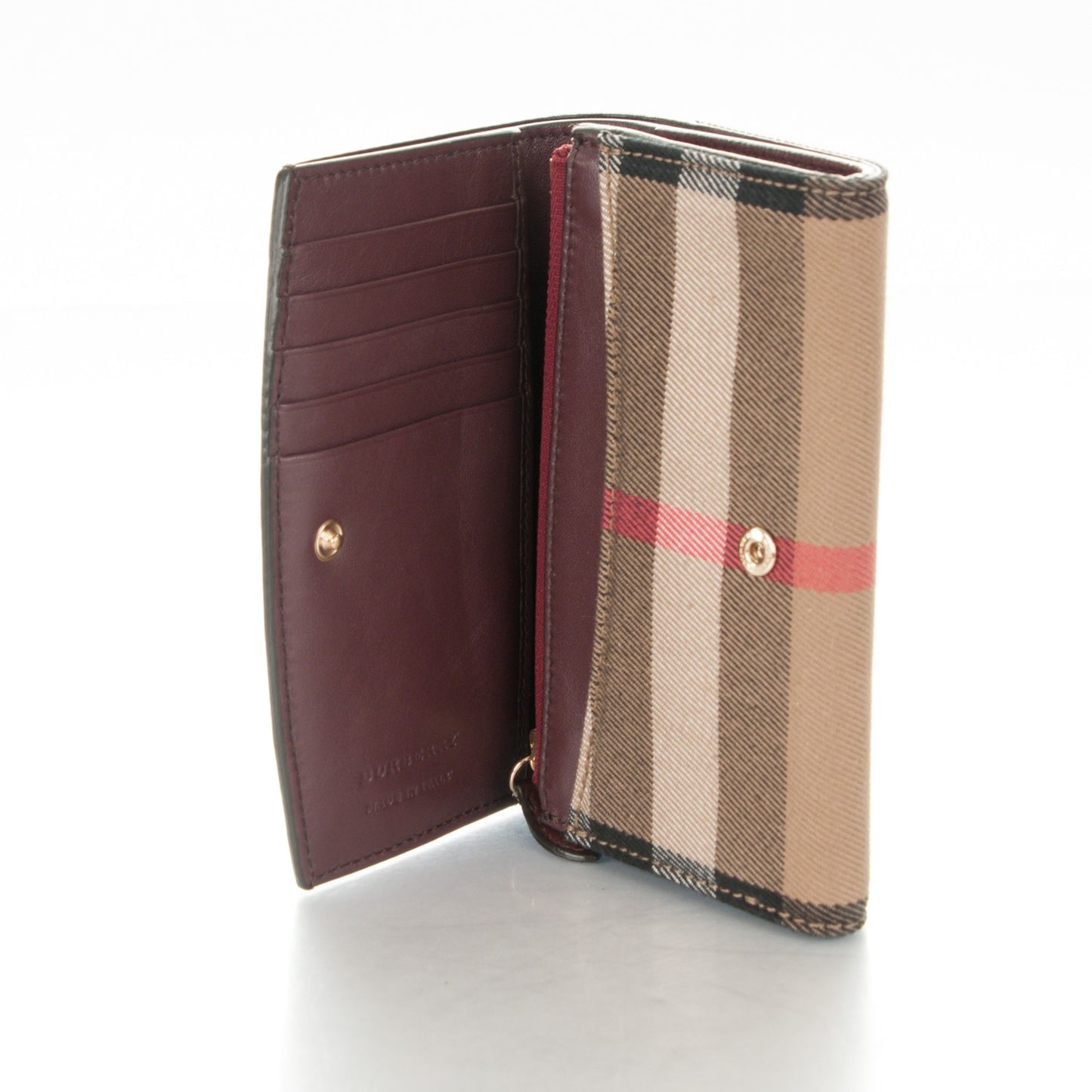 Grainy Calfskin House Check Wellington Wallet Mahogany Red