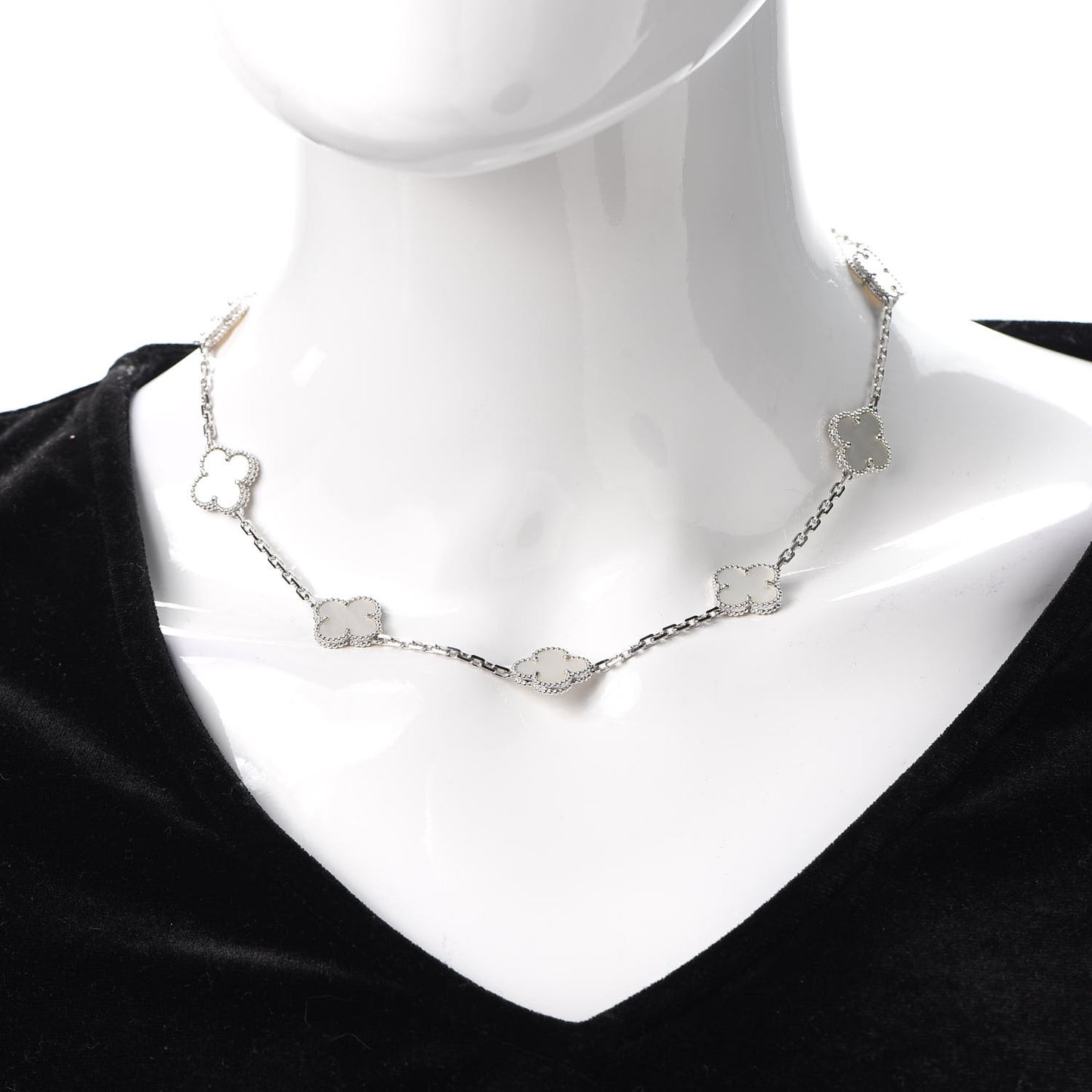 18K White Gold Mother of Pearl 10 Motifs Vintage Alhambra Necklace