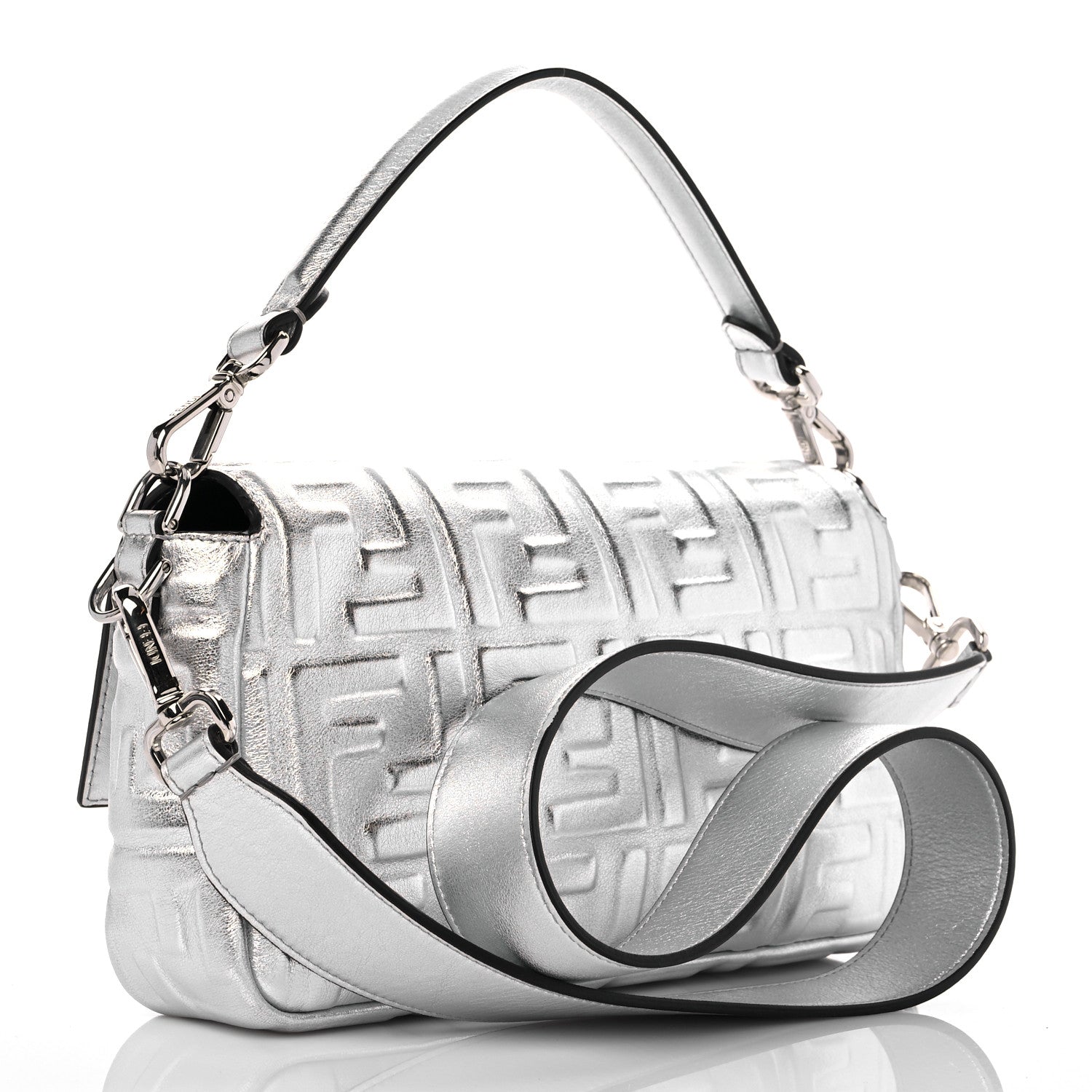 Fendi Vitello Catalan Mirror FF 1974 Embossed Baguette Argento 3 of 8