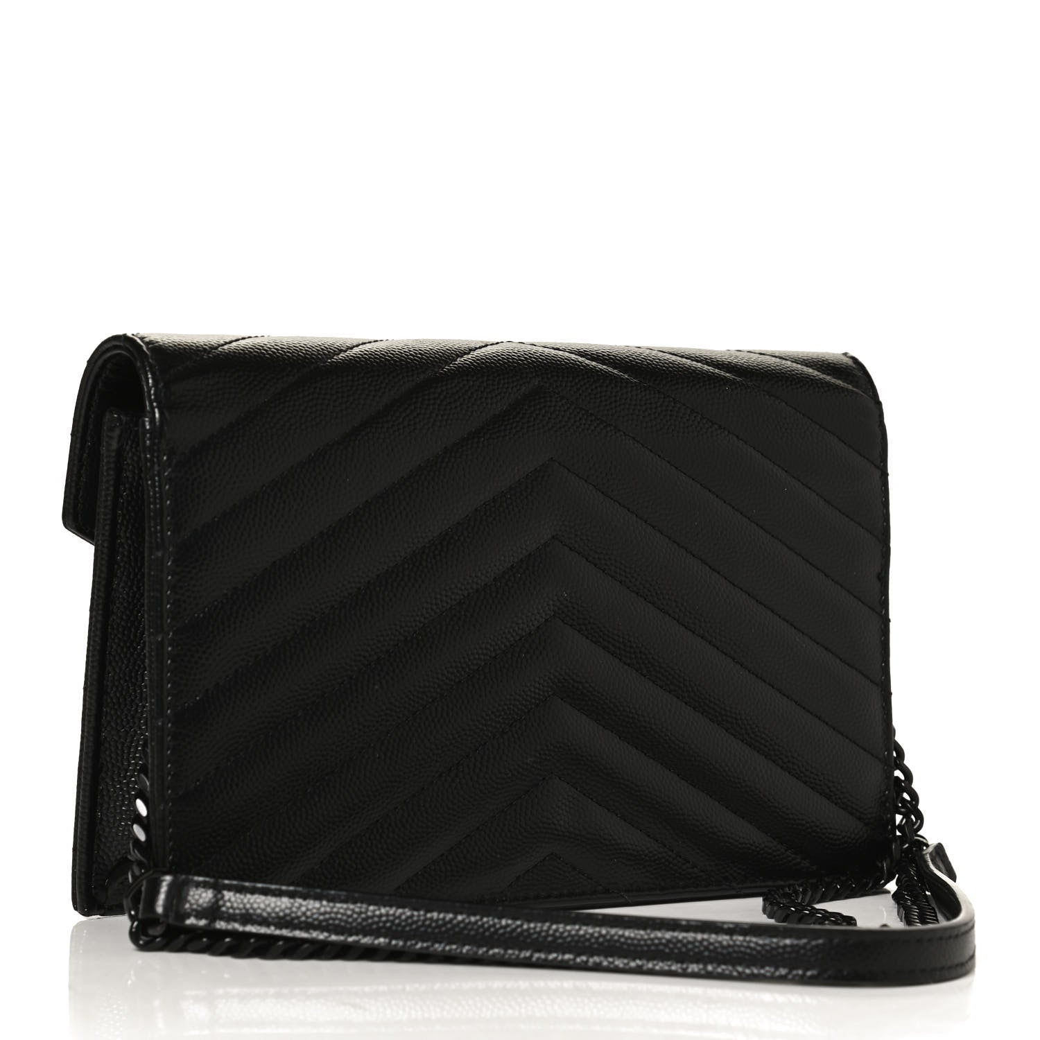 Saint Laurent Grain De Poudre Matelasse Chevron Monogram Monochrome Envelope Chain Wallet Black 3 of 12