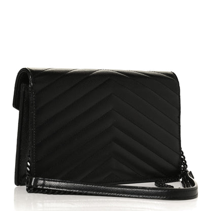 Saint Laurent Grain De Poudre Matelasse Chevron Monogram Monochrome Envelope Chain Wallet Black 3 of 12