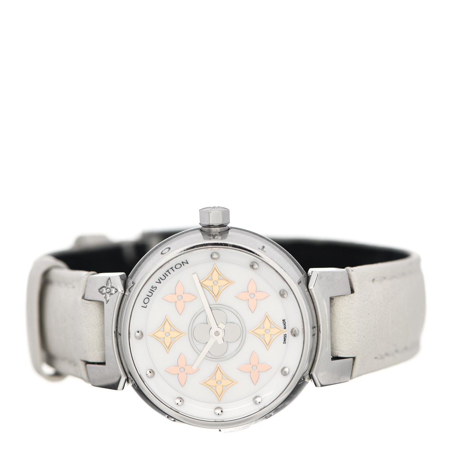 Stainless Steel Calfskin Diamond Mother of Pearl 28mm Tambour Idylle Blossom Quartz Watch