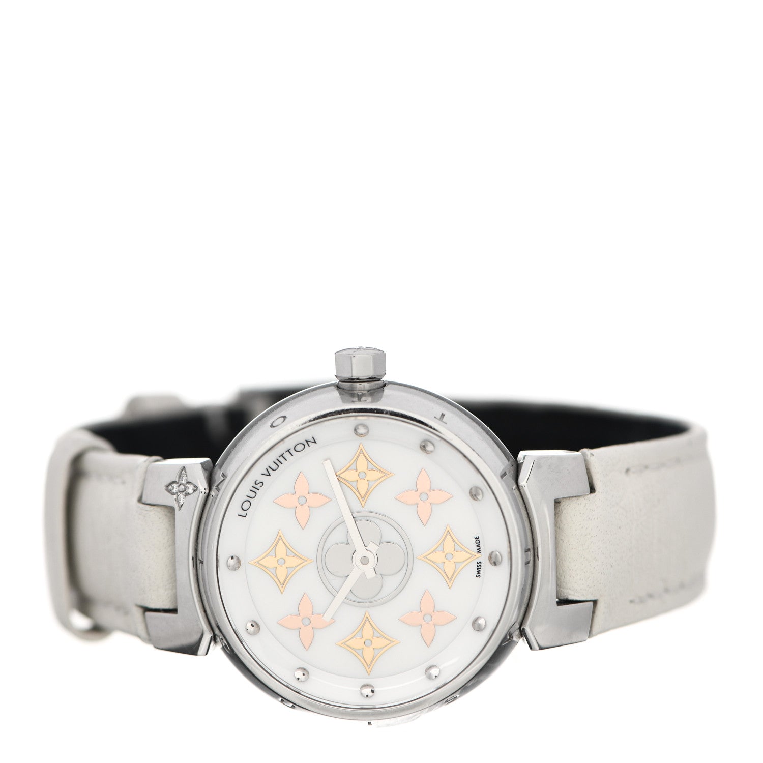 Louis Vuitton Stainless Steel Calfskin Diamond Mother of Pearl 28mm Tambour Idylle Blossom Quartz Watch 2 of 5