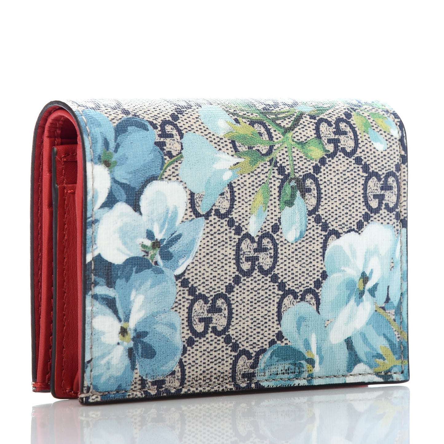 GG Supreme Monogram Blooms Card Case Wallet Beige Blue Navy Hibiscus Red