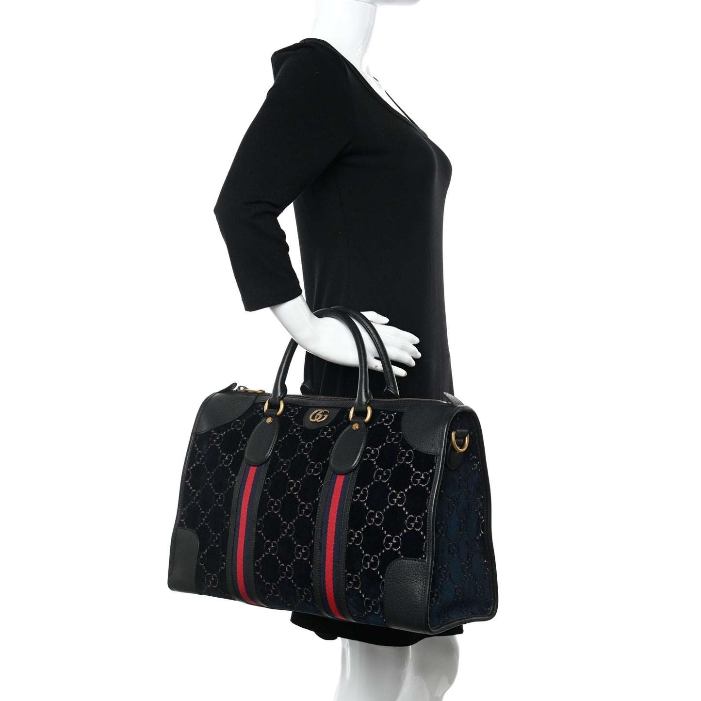 Velvet GG Monogram Textured Calfskin Web Medium Duffle Bag Blue Beige Black