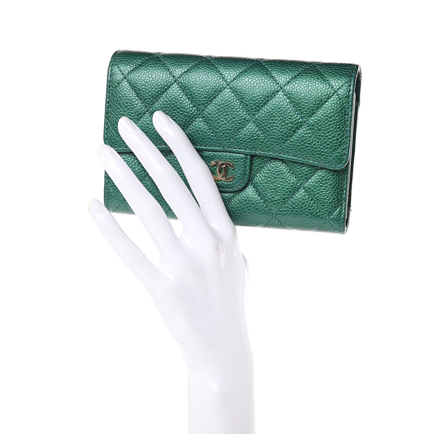Metallic Caviar Quilted Medium Flap Wallet Green